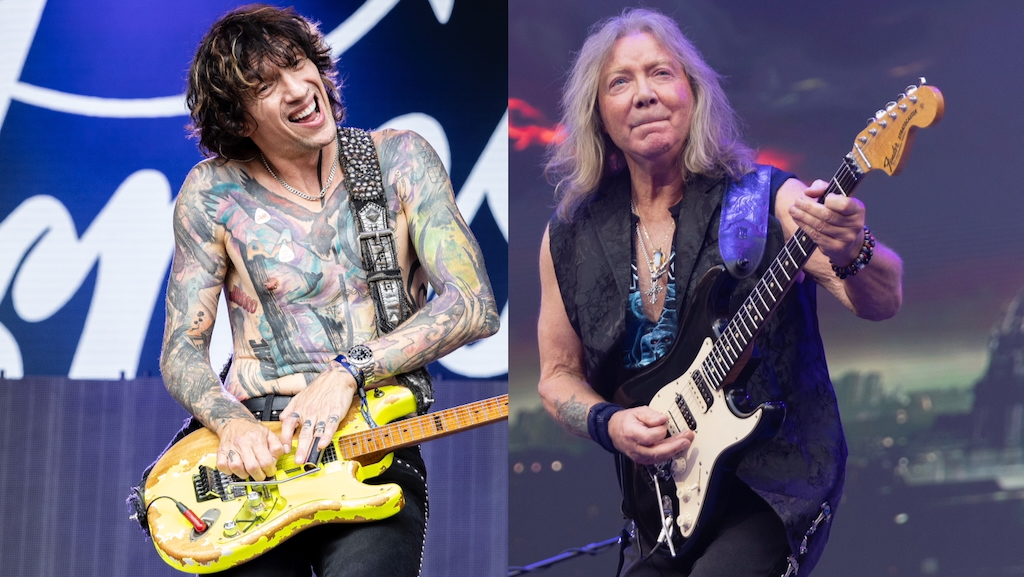 Justin Hawkins (The Darkness, l.) hat sich scherzend über Iron Maiden (hier mit Gitarrist Dave Murray) beschwert